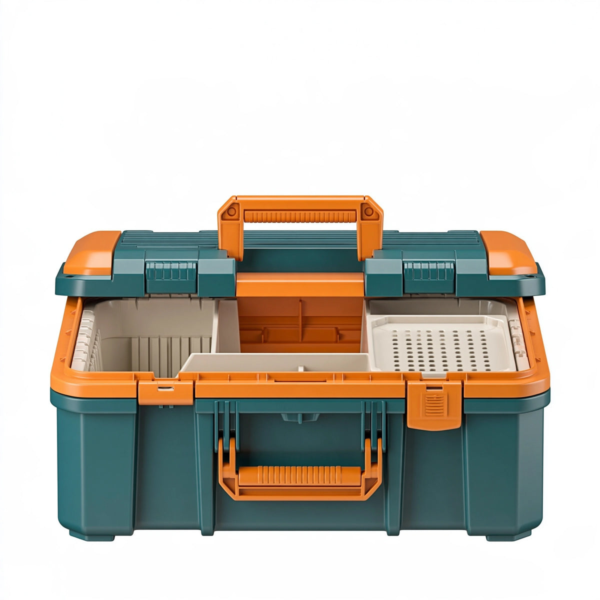 Coffre à outils 50 cm en plastique vert foncé et orange avec plateau amovible et poignée de transport
