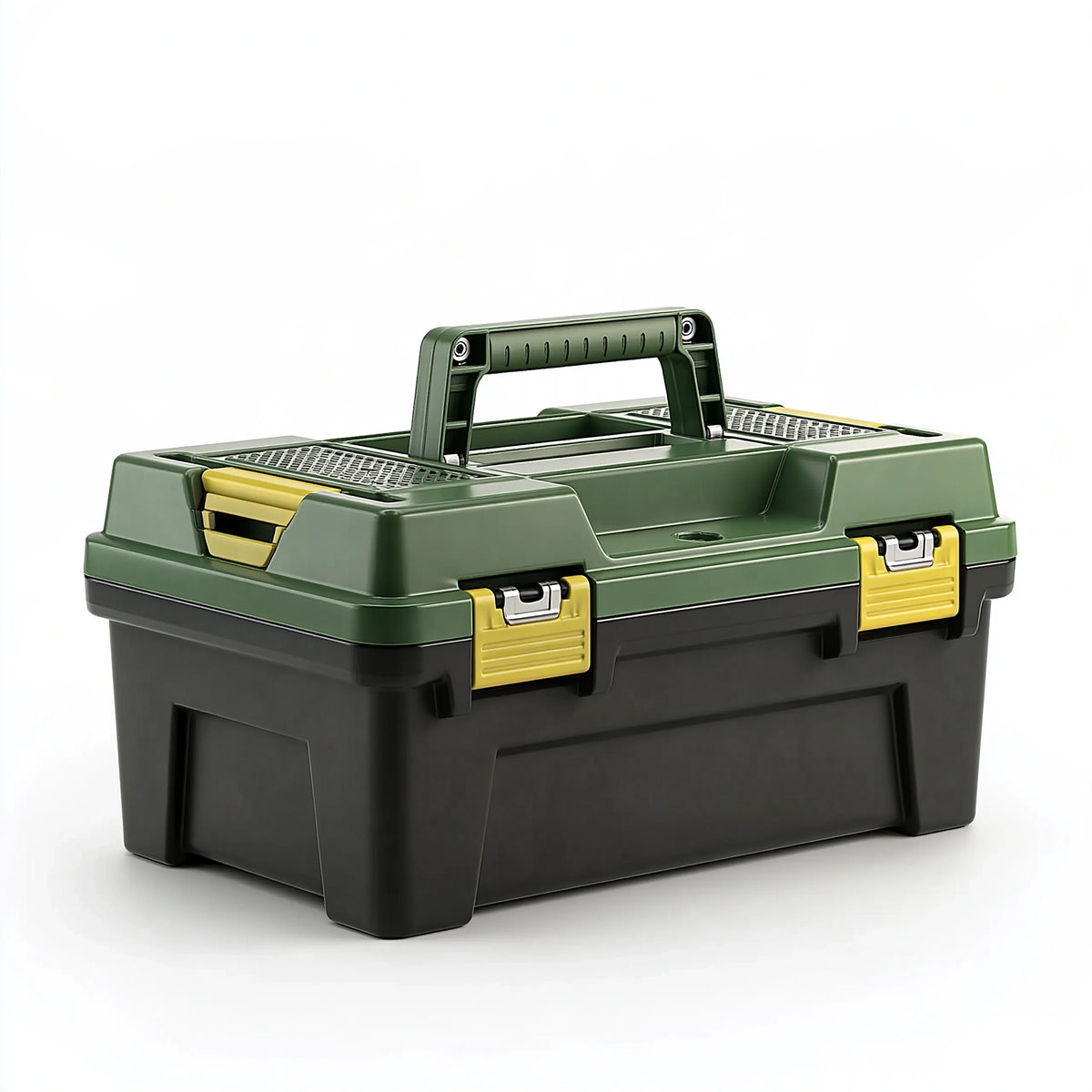 Boîte à outils 45 x 25 x 25 cm en plastique vert et noir avec poignée pliable