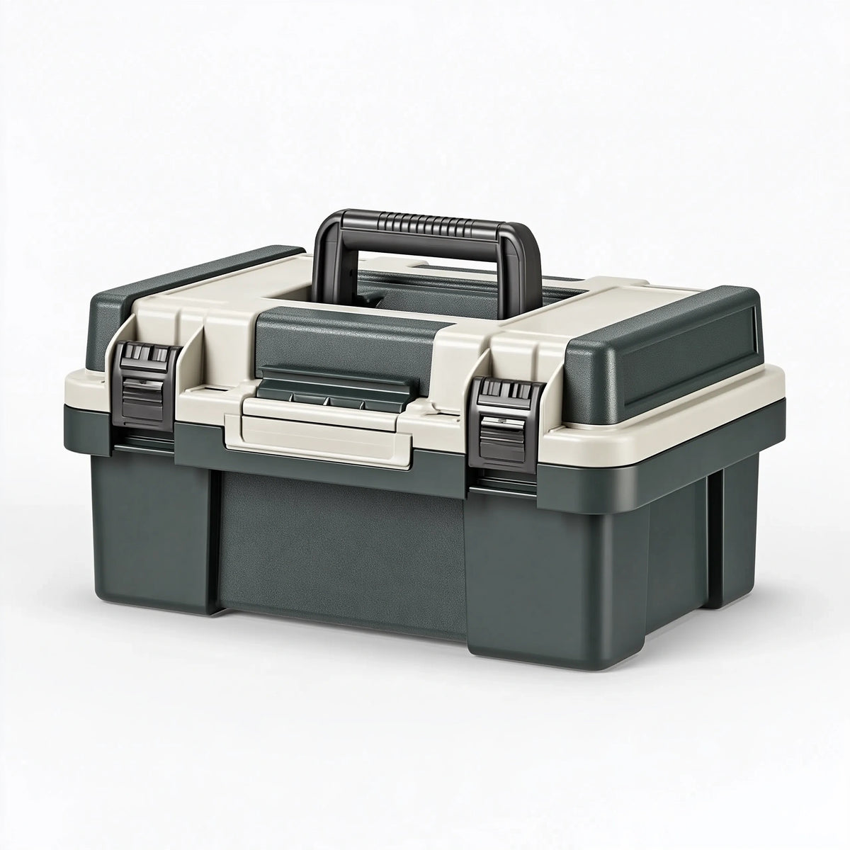 Boîte à outils 45 x 28 x 30 cm en plastique vert foncé et beige - rangement portable à poignée