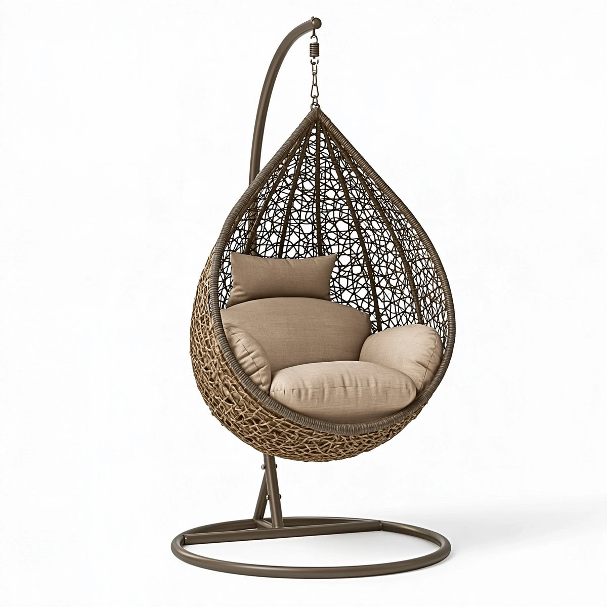 Fauteuil suspendu 105 x 105 x 195 cm en résine tressée marron avec structure acier style bohème pour intérieur
