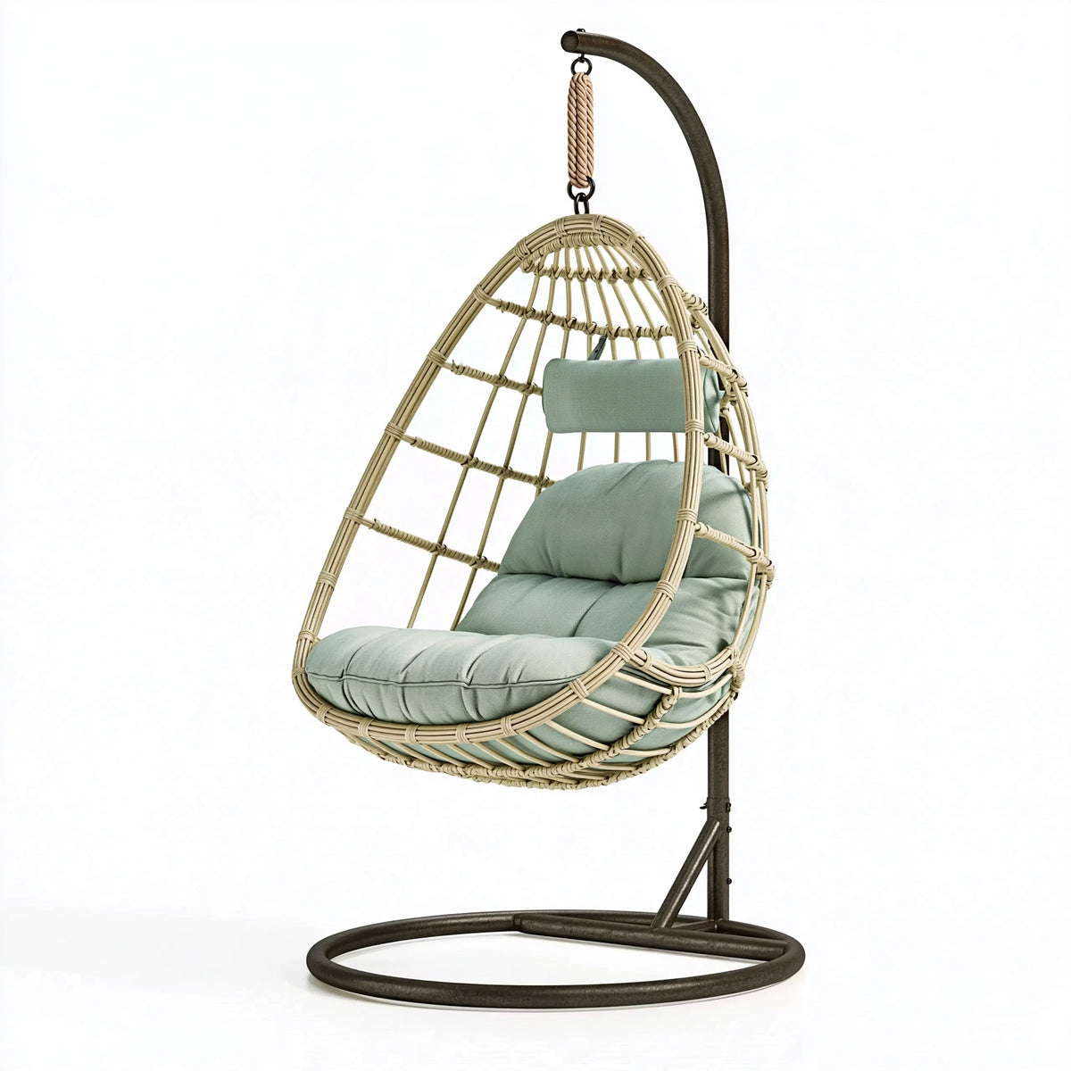 Fauteuil suspendu 95 x 95 x 195 cm en rotin beige avec structure en métal noir style bohème
