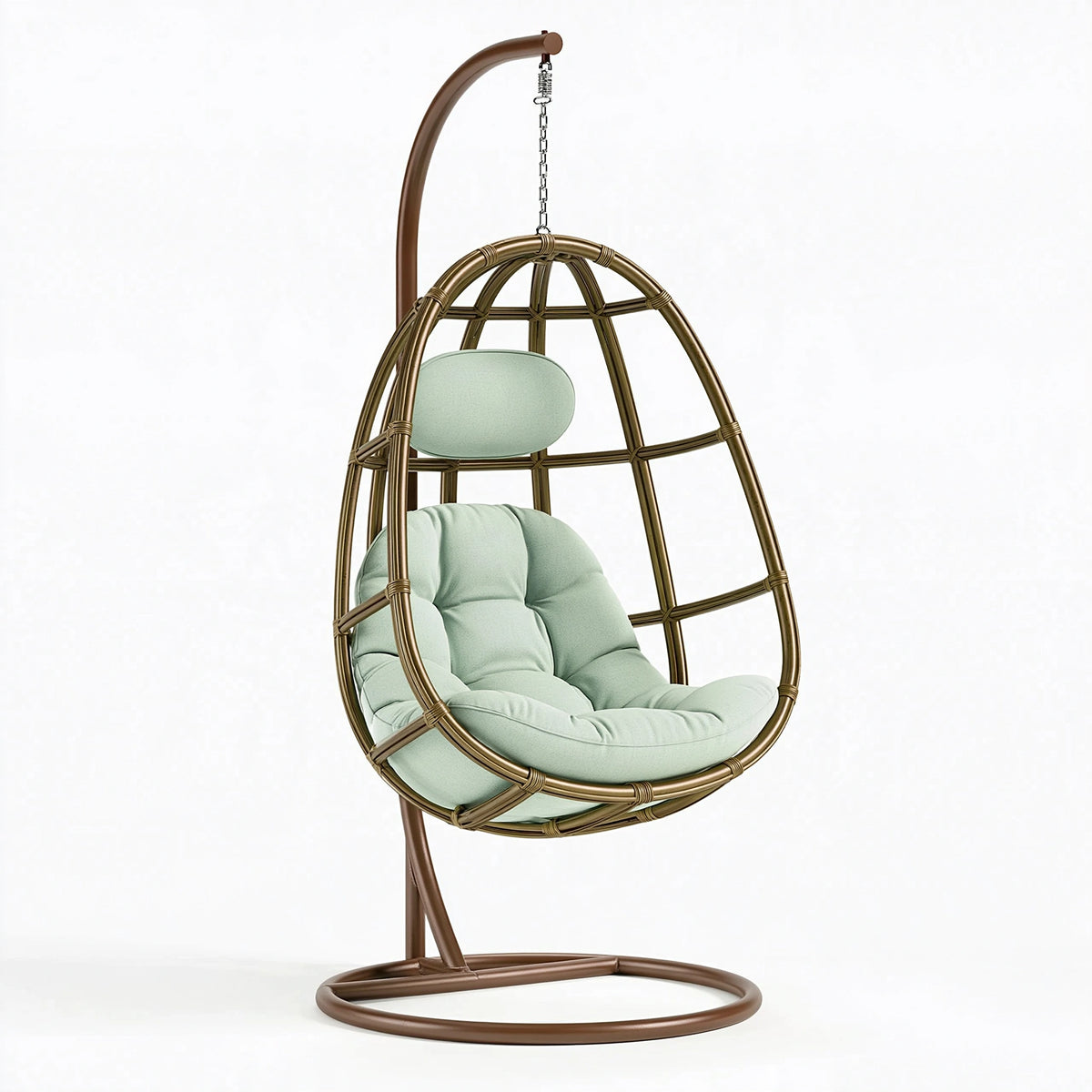 Fauteuil suspendu 105 x 105 x 195 cm en rotin brun avec coussin vert pour intérieur style bohème