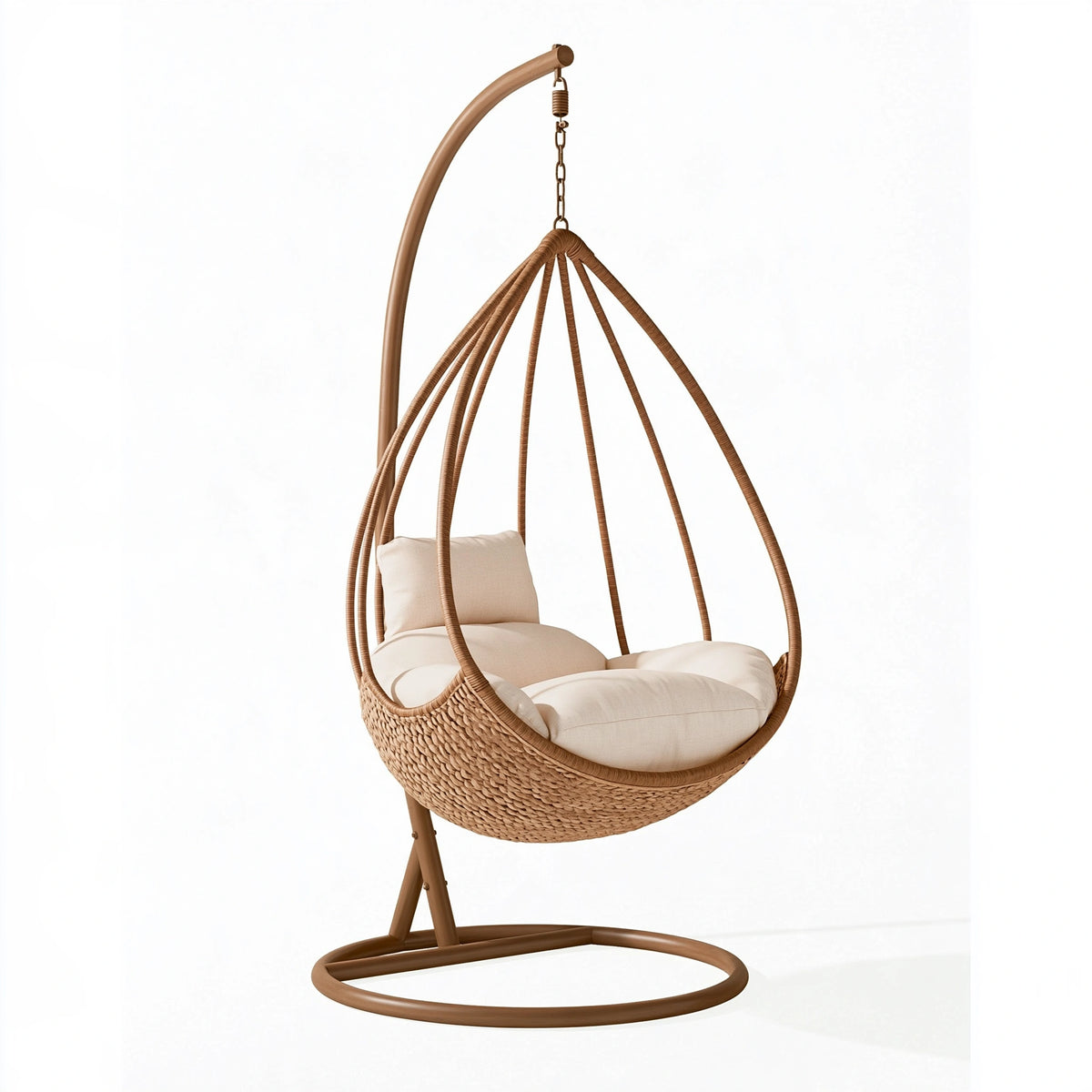 Fauteuil suspendu sur pied 110 x 105 x 195 cm en métal et fibres tressées marron style bohème