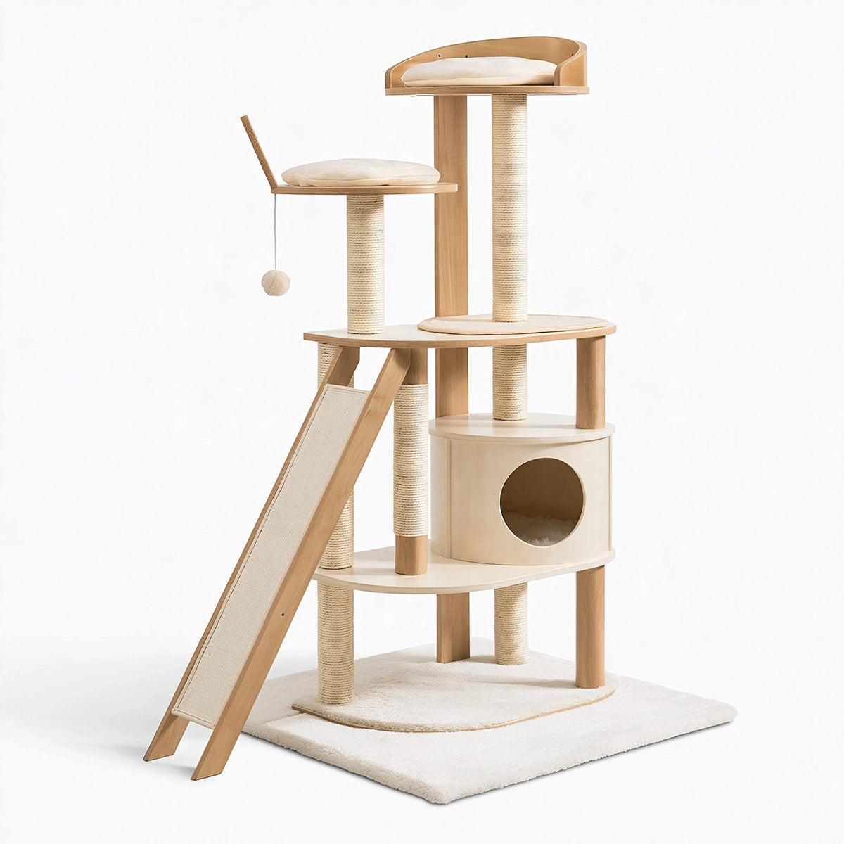 Arbre à chat 60 x 60 x 170 cm en bois beige avec griffoirs en sisal et rampe