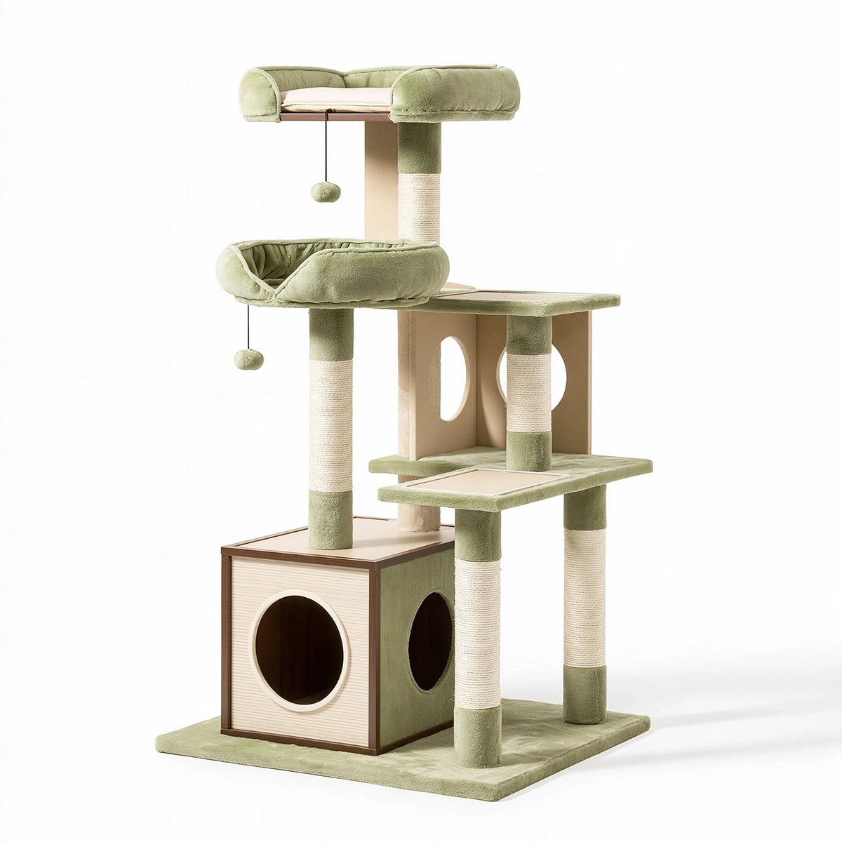 Arbre à chat 60 x 60 x 170 cm en sisal vert sauge et beige avec niches plateformes et griffoirs
