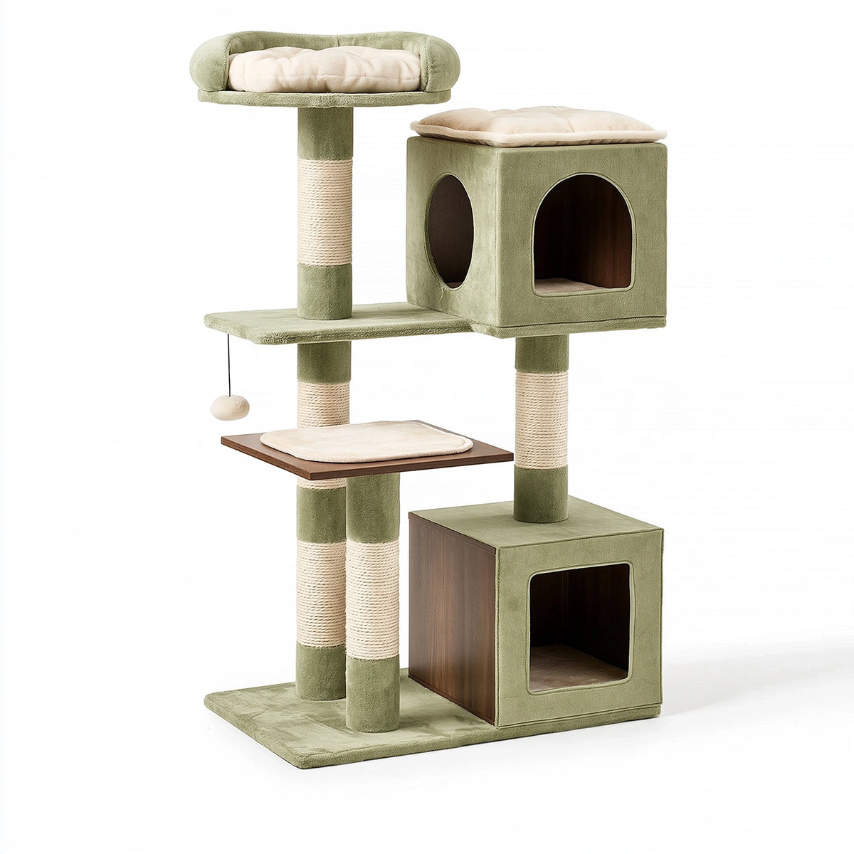 Arbre à chat 60 x 50 x 150 cm en bois tissu peluche vert avec griffoirs en sisal et niches