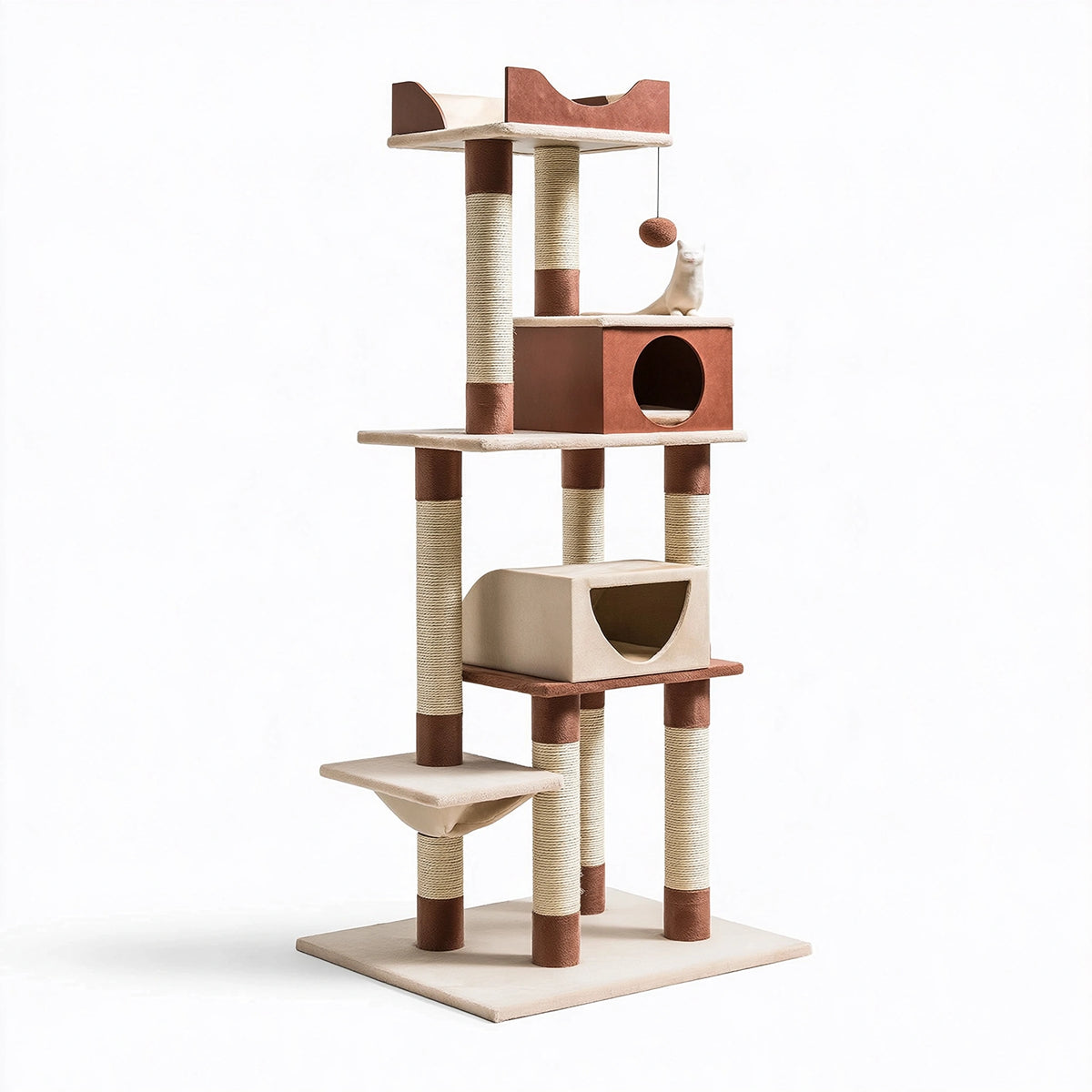Arbre à chat 60 x 60 x 200 cm en sisal et tissu beige/marron avec niches et plateformes