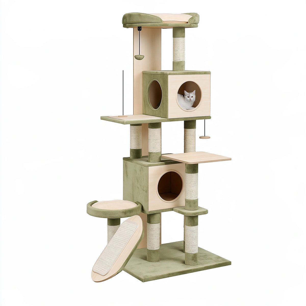 Arbre à chat 70 x 60 x 190 cm en bois et sisal vert et beige avec niches plateformes et griffoirs