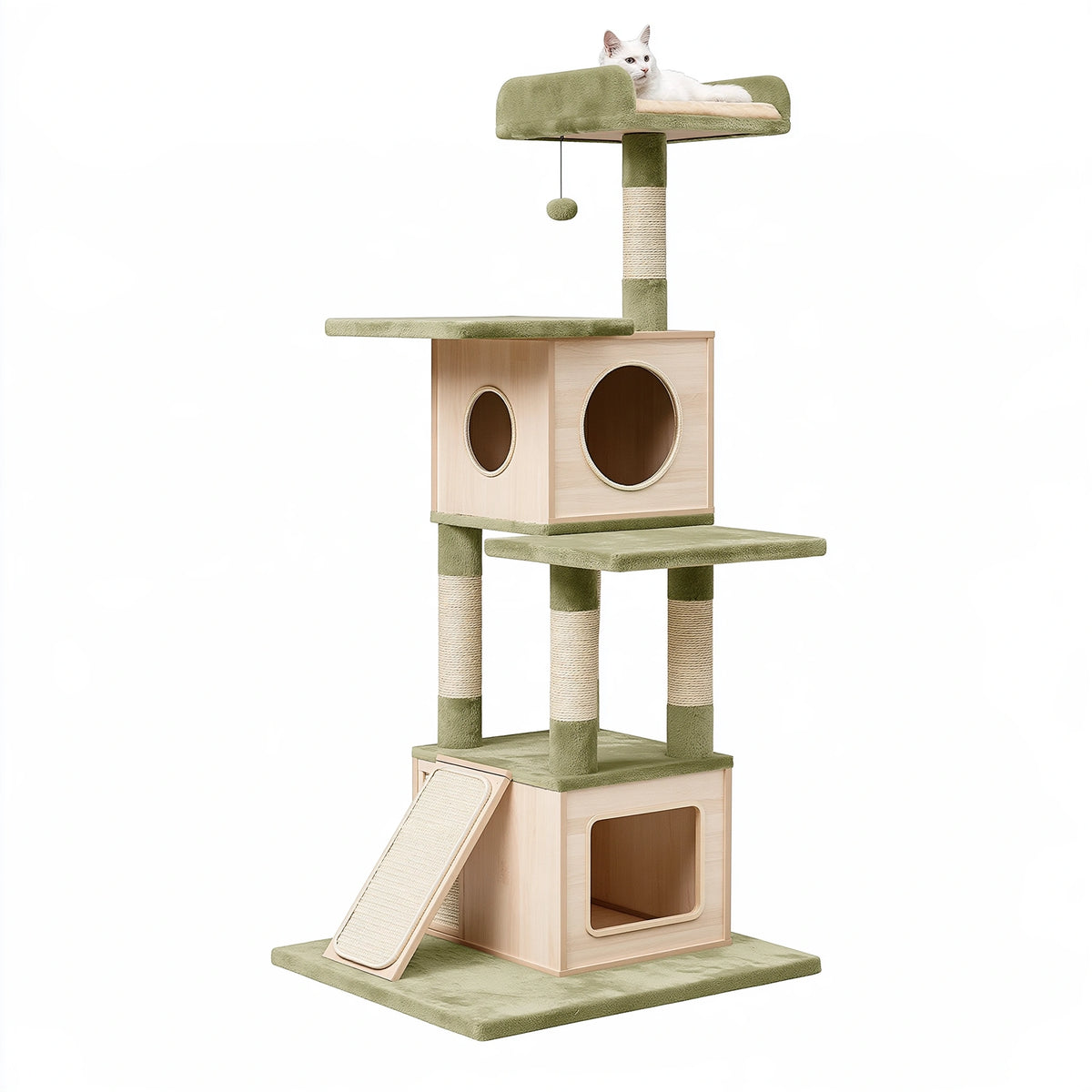 Arbre à chat 70 x 50 x 180 cm en bois et sisal vert avec niches plateformes et griffoirs