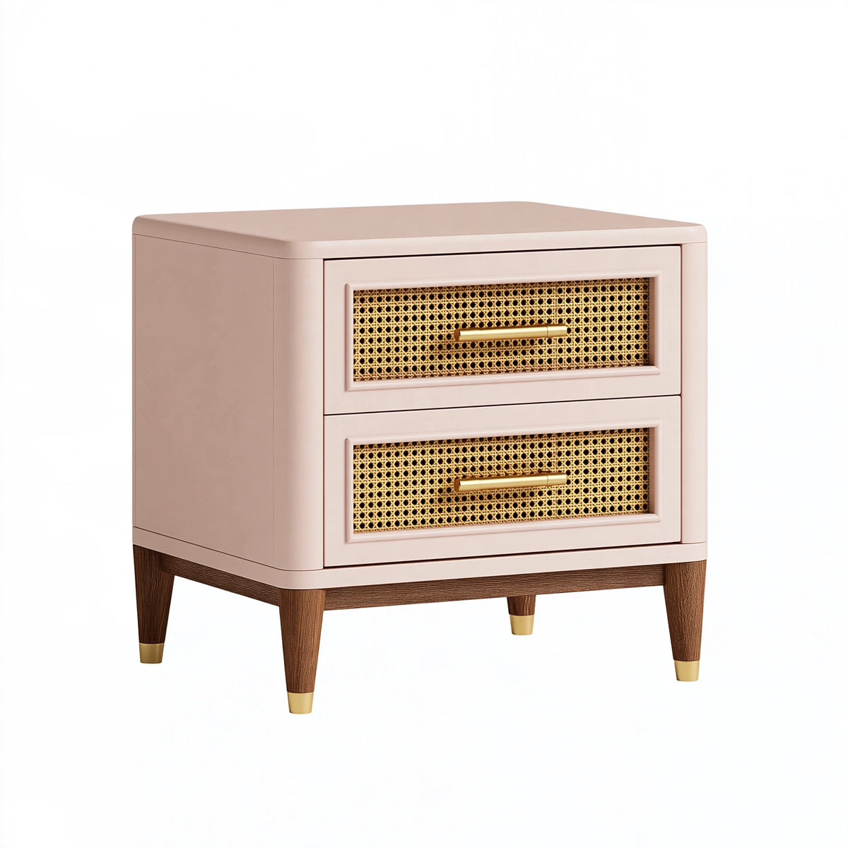 Table de chevet 50 x 40 x 60 cm en panneaux de bois rose poudré avec cannage naturel à 2 tiroirs