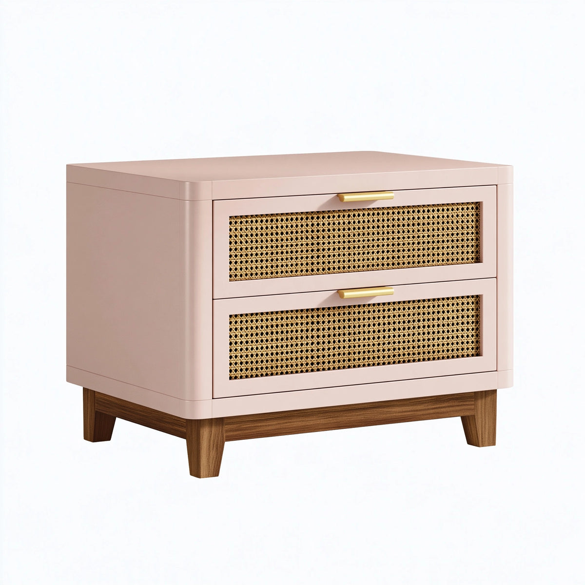 Table de chevet 50 x 40 x 55 cm rose en panneaux de bois et cannage à 2 tiroirs style rétro